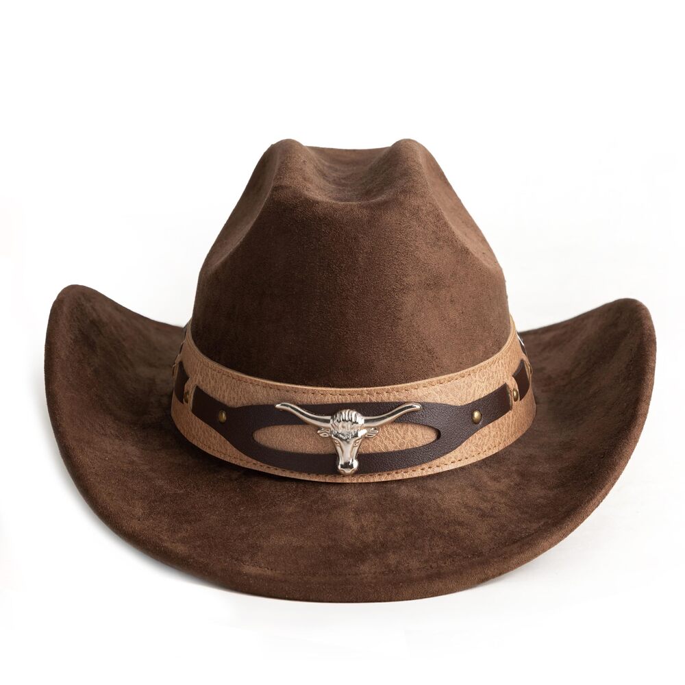 6694 Cowboy Hats Wide Brim Felt Hats with Cow Belt Buckle EE Coffee